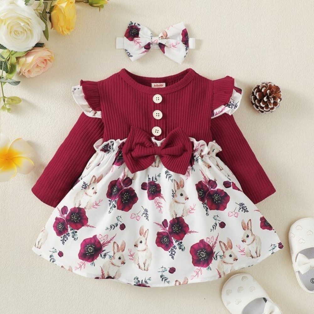 Hibobi Baby Floral Bowknot Decor Long Sleeve Dress With Headband